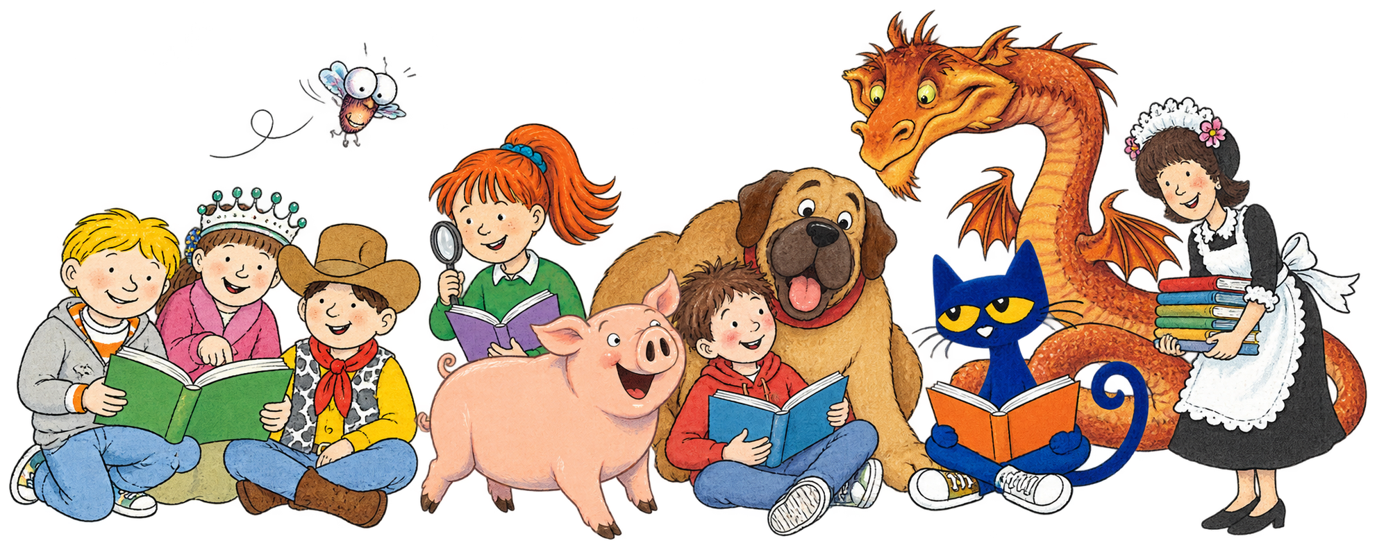 ORT, Fly Guy, Henry & Mudge, Young Cam Jansen, Mercy Watson, Dragon Masters, Pete the Cat, Amelia Bedelia 주인공들을 함께 표현한 삽화